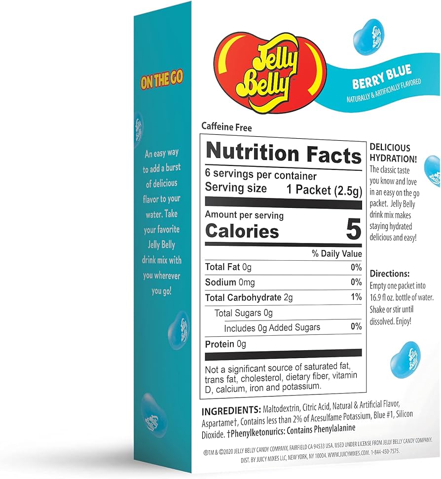 Jelly Belly No Sugar Singles to Go Drink Powder Box Berry Blue