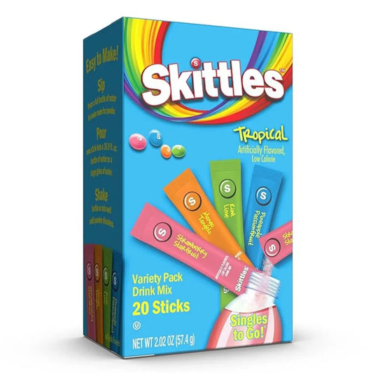Skittles Tropical Variety Pack Drink Mix box on a white background