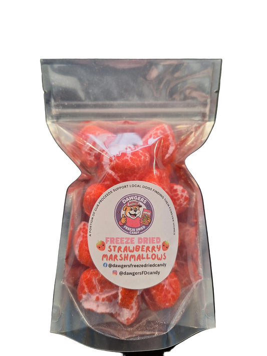 A clear plastic zip-top bag containing bright red freeze-dried marshmallows, with a round white label reading 'Freeze-Dried Marshmallows' and a cartoon mascot logo, placed on a dark surface.