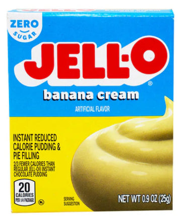 Box of Jell-O banana cream pudding mix on a white background
