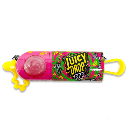 A lollipop with a pink and green wrapper featuring the text 'Juicy Drop Pop' and a yellow stick.