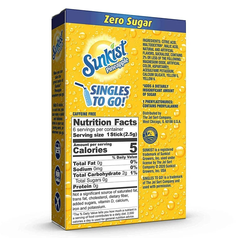 Sunkist, Zero Sugar, Pineapple, Singles to go, drink mix, sweetescapes.ca