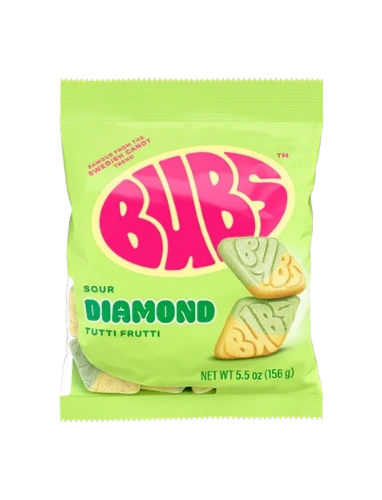 Green package of Bubs Sour Diamond Tutti Frutti candy
