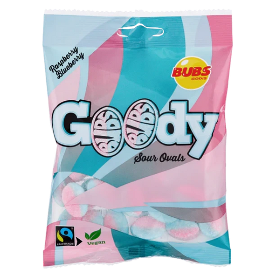 Packaging of Goody BUBS Sour Ovals candy with pink and blue design.