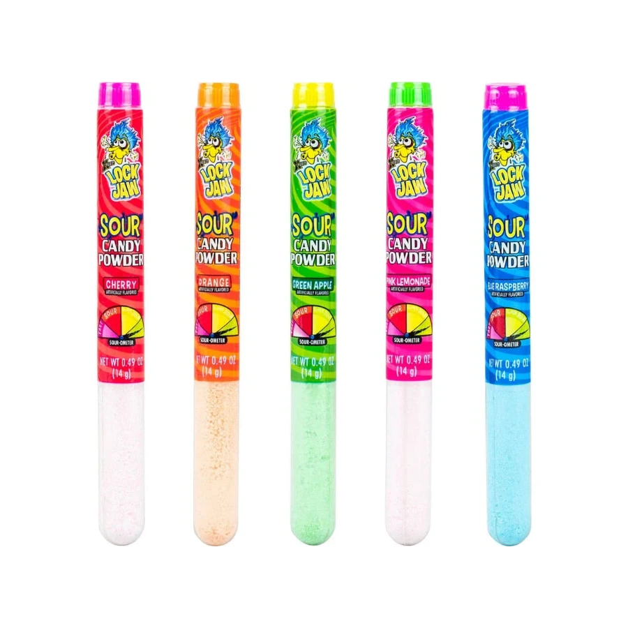Five colorful tubes of Lock Jaw Sour Candy Powder with cartoon character packaging.