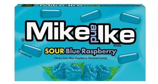 Mike and Ike Sour Blue Raspberry candy box on a white background