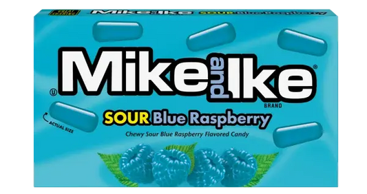 Mike and Ike Sour Blue Raspberry candy box on a white background
