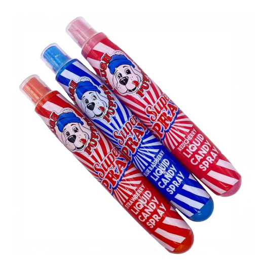 Three candy spray tubes with the slush puppie cartoon character on packaging