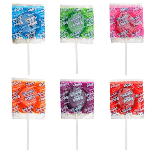 Assorted flavors of Charms Sweet Pops on sticks with colorful packaging.