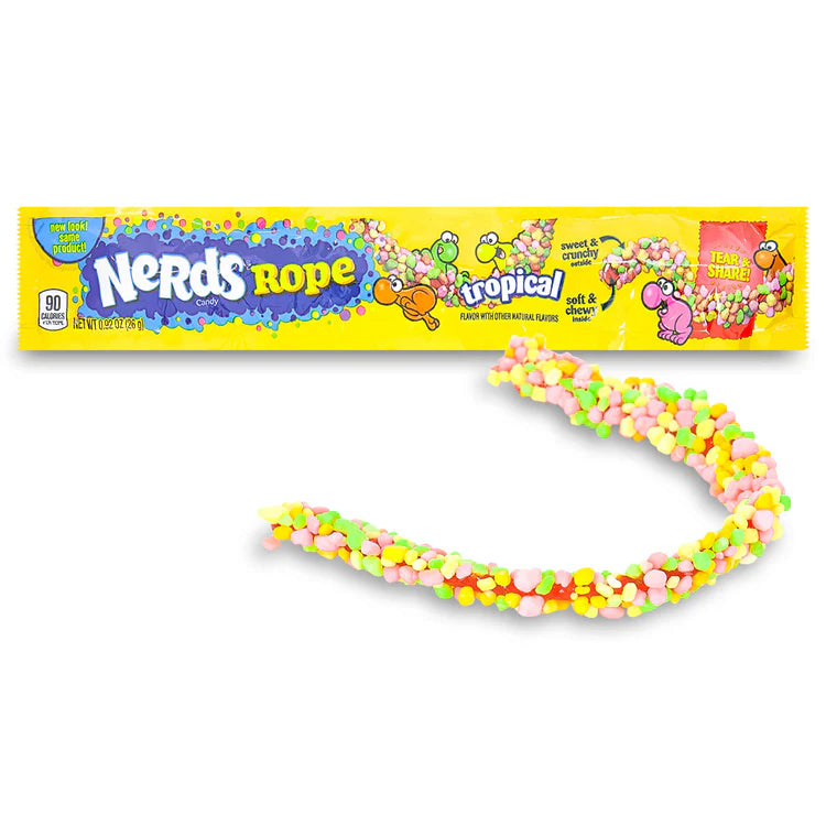 Nerds Rope tropical candy and packaging on a white background