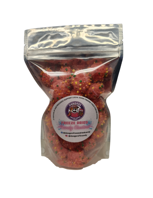 clear bag with pink candy inside 