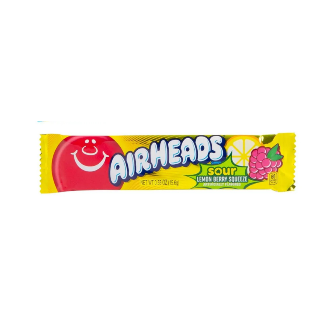 Yellow Airheads Sour Lemon Berry Squeeze candy packaging on a white background