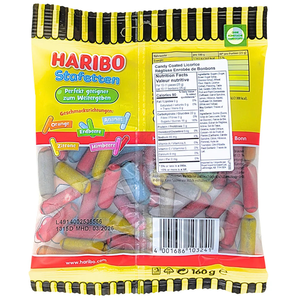 Back of Yellow Candy Package with, Flavors, ingredients and Nutrition Facts.