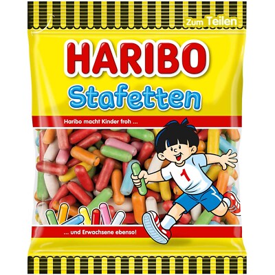 Haribo Stafetten candy package with colorful coated candies and a child illustration on a yellow background.