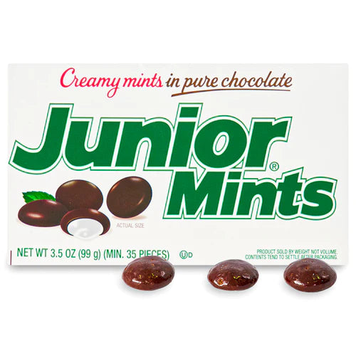 A box of Junior Mints candy featuring the brand name and a picture of the mint-flavored chocolate pieces. The packaging indicates a net weight of 3.