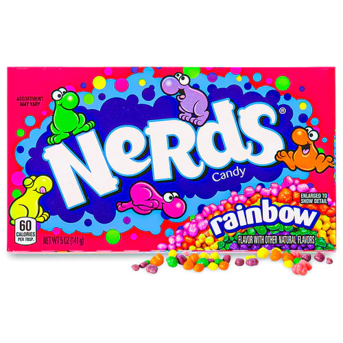 A package of Nerds Candy in Rainbow flavor, featuring a colorful mix of candy pieces visible through the transparent packaging.