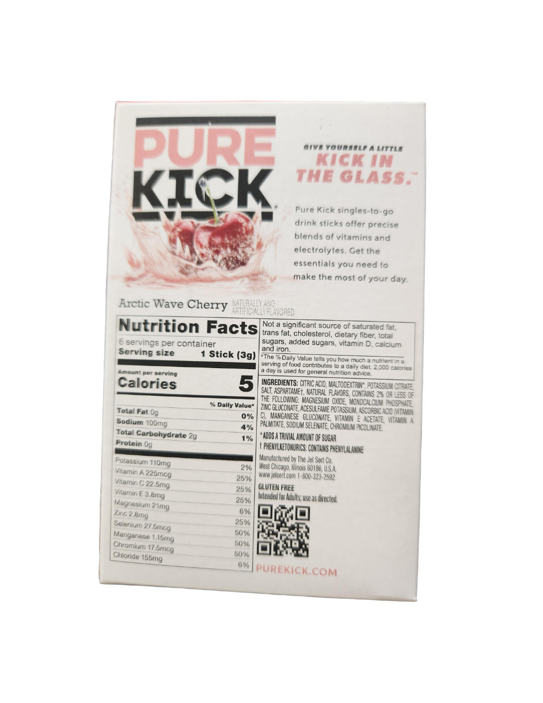 Pure Kick Arctic Wave Cherry supplement packaging with nutrition facts and QR code on a white background