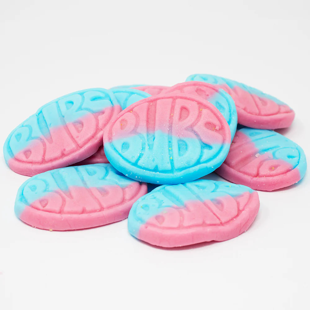 'BUBS' text on Pink and blue oval-shaped gummy candies 