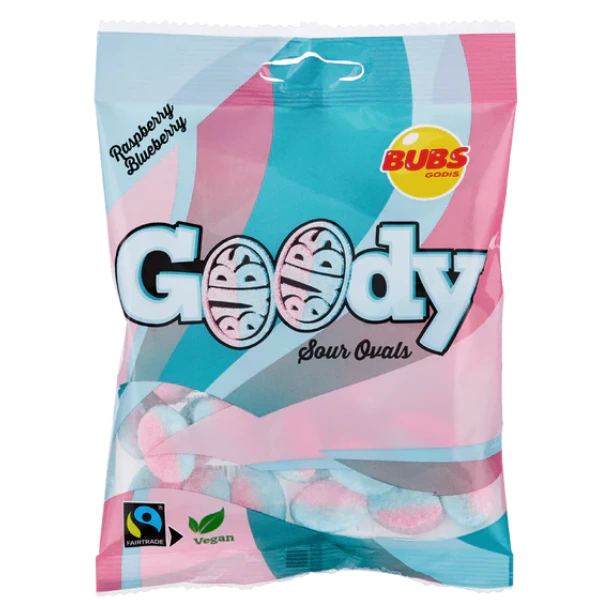 Packaging of Goody BUBS Sour Ovals candy with pink and blue design.
