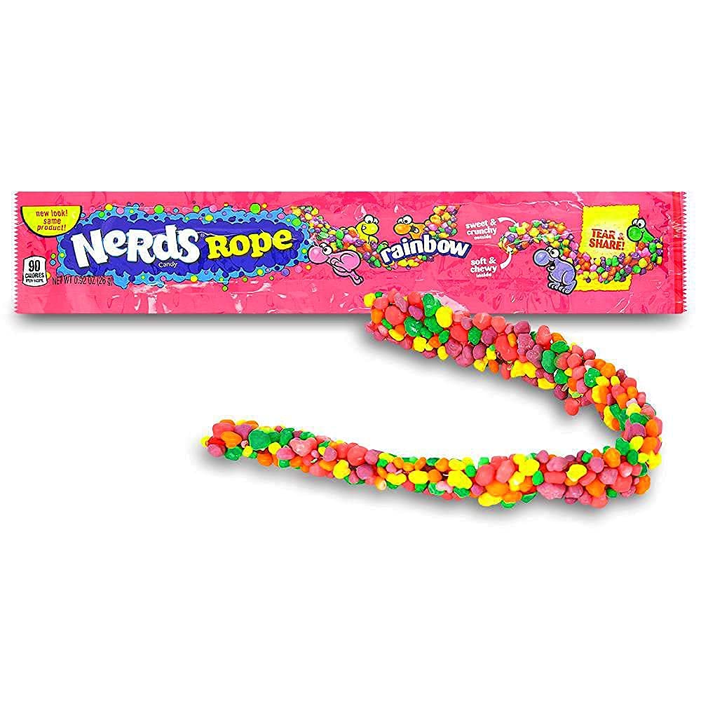 Package of Rainbow Nerds Rope candy with a colorful rope in front on a white background