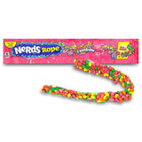 Package of Rainbow Nerds Rope candy with a colorful rope in front on a white background